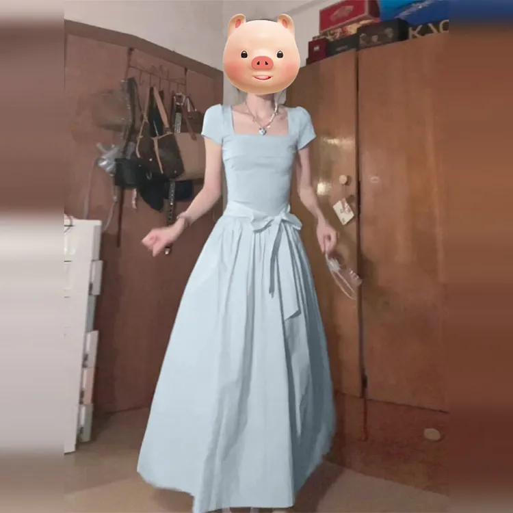 【现货+运贴5米】蓝色蝴蝶结方领连衣裙子女夏2025新款收腰长裙3541