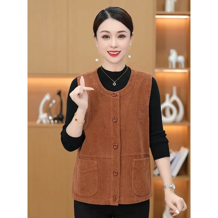 妈妈装春秋季灯芯绒马甲外穿宽松坎肩背心洋气纯棉中老年夹棉马夹