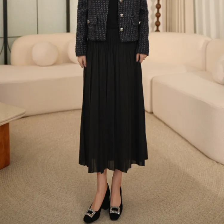 枫竺阿楠anan全松紧腰中长款百褶裙女出游通勤百搭裙子a字半身裙