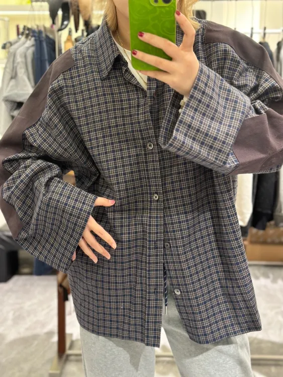 YNCL 拼接宽松早春衬衫长袖