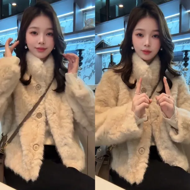 正版流行超好看立领毛毛短外套女装冬季小个子时尚洋气保暖上衣