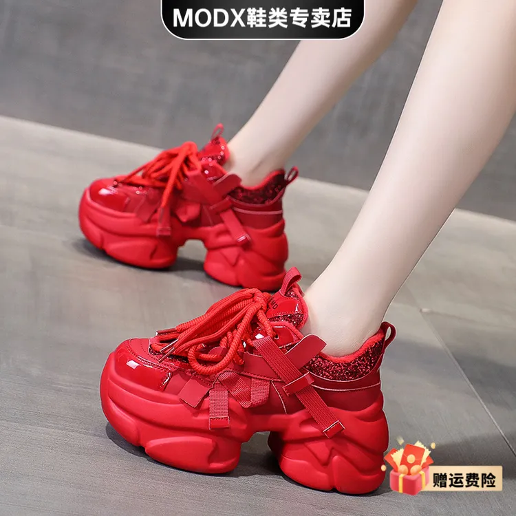 MODX真皮绑带增高老爹鞋女2025秋季新款红色8cm厚底轻便百搭鞋子