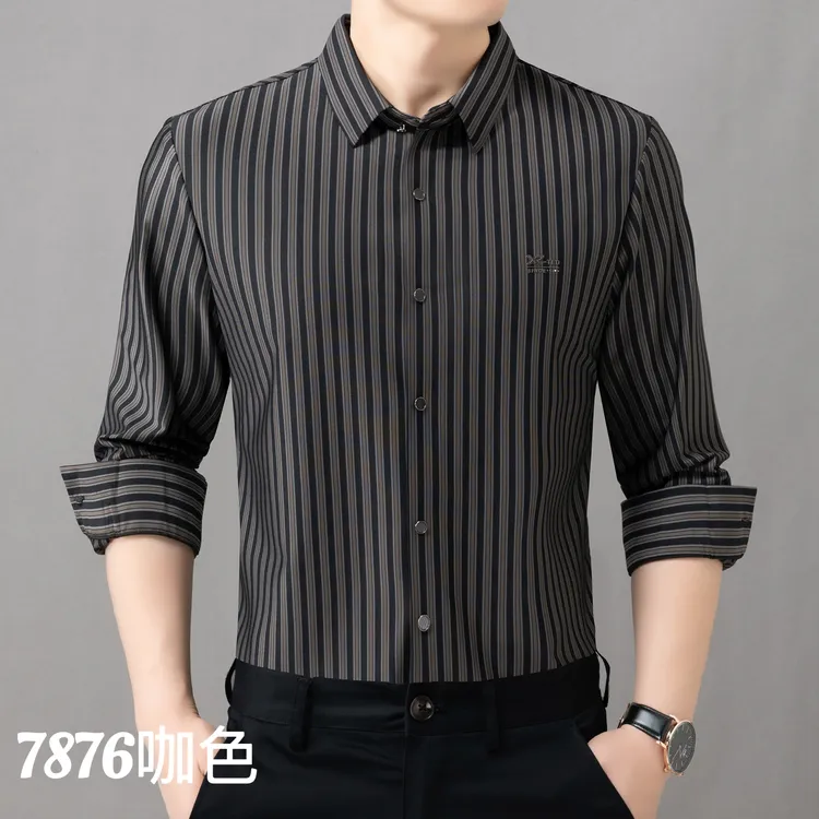 男士长袖条纹商务休闲免烫衬衣7876