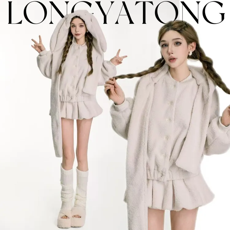 龙牙童推荐【沉睡兔 】法式学院风毛绒套装连衣裙秋冬2025新款套装