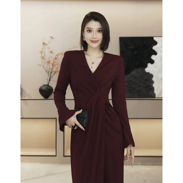 【办公室画廊】优雅通勤V领褶皱收腰喇叭袖中长连衣裙HBZX710033