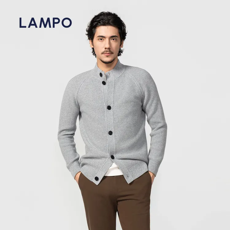 LAMPO/蓝豹灰色纯色舒适时尚羊毛羊绒外套秋冬休闲长袖翻领毛衣