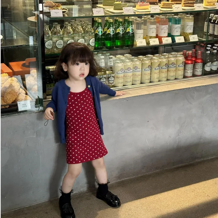 小惜亦2025春季新款韩版女童深蓝色外套红色吊带裙宝宝洋气套装
