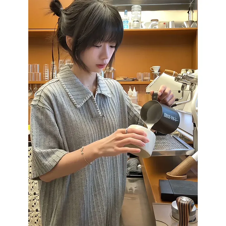 v领麦穗纹polo衫短袖男夏季肌理感条纹t恤cleanfit小众设计感半袖