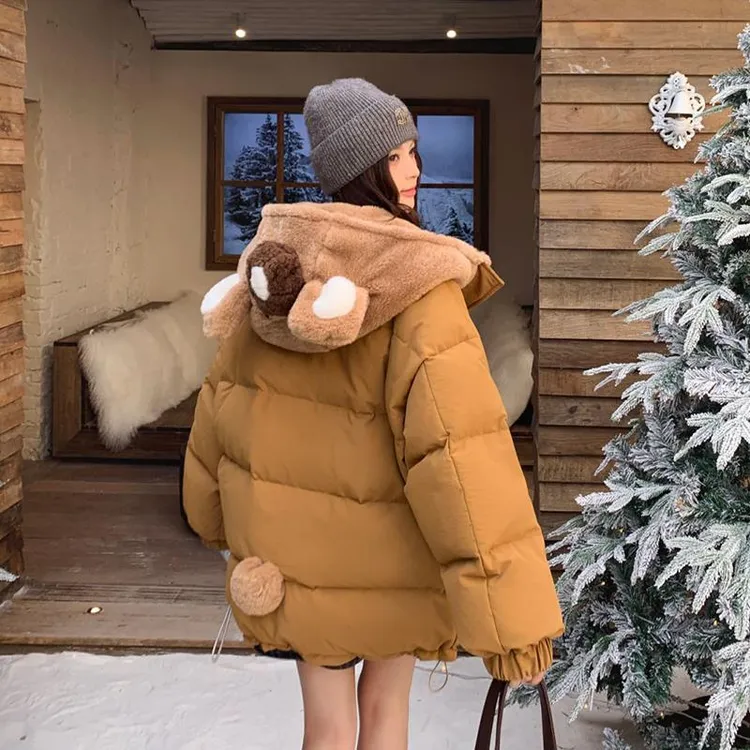 咖色可爱小熊连帽羽绒服女2025冬季新款超好看宽松短款学院风外套