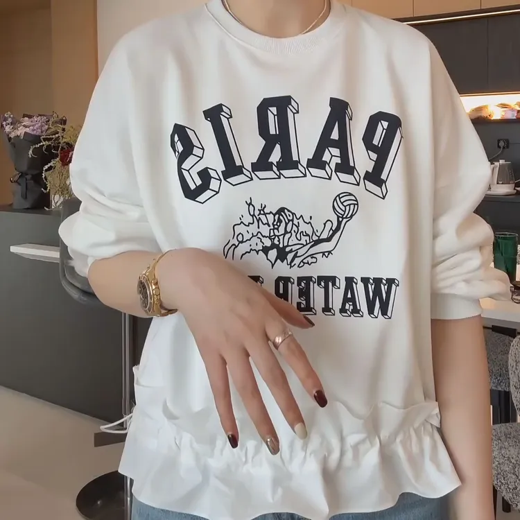 春季韩系拼接木耳边抽绳收腰长袖白色休闲印花字母卫衣LK2501565