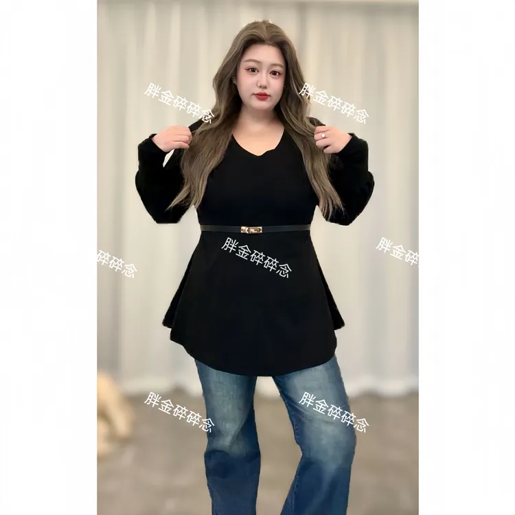 小妖精-胖mm大码女装法式赫本风v领灯笼袖长袖女显瘦百搭T恤+腰带