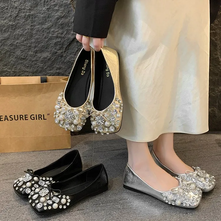 法式水钻珍珠软底单鞋女2025年新款百搭浅口豆豆鞋舒适软底瓢鞋子