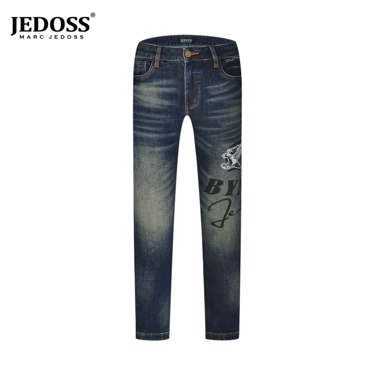 2025秋上新轻奢时尚男士飞鹰数码印花黑色直筒牛仔裤男款裤子389