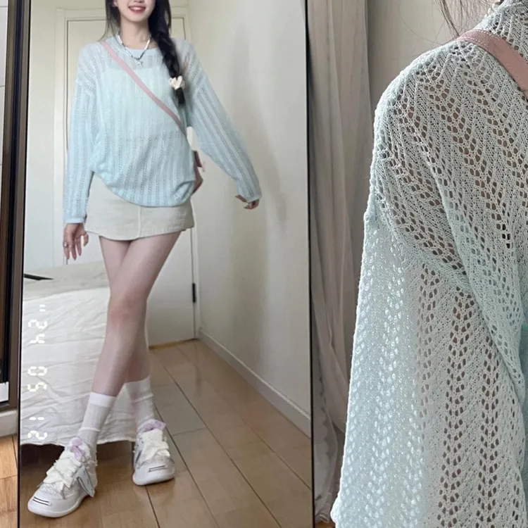 蓝色温柔镂空破洞防晒罩衫宽松慵懒风休闲圆领套头针织上衣chic
