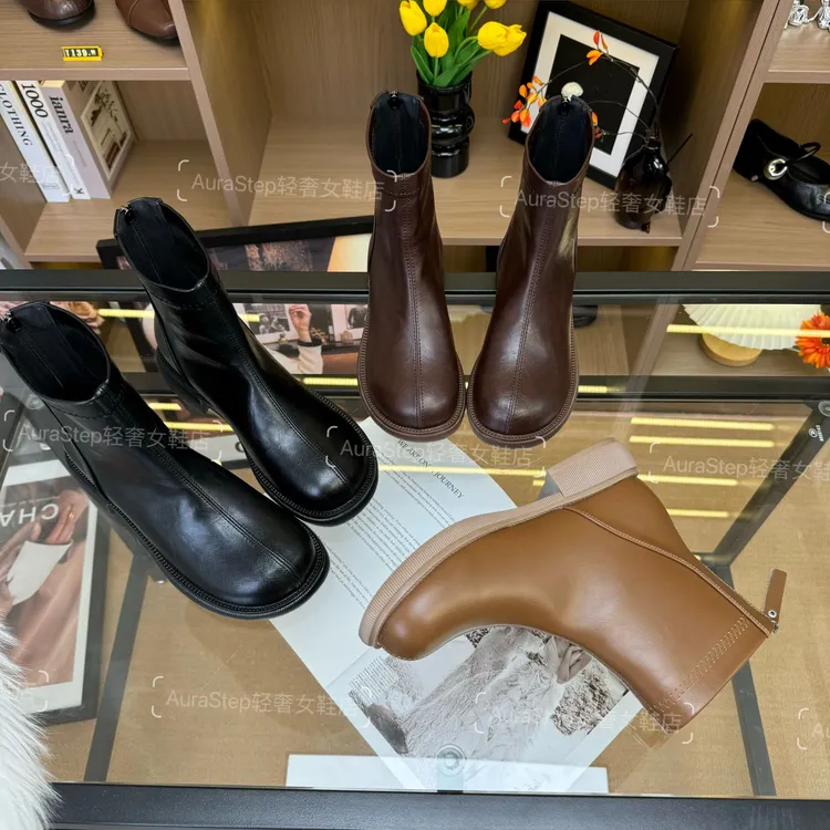 【品牌力荐】T秋冬防滑舒适低跟圆头中筒加绒百搭靴子1775