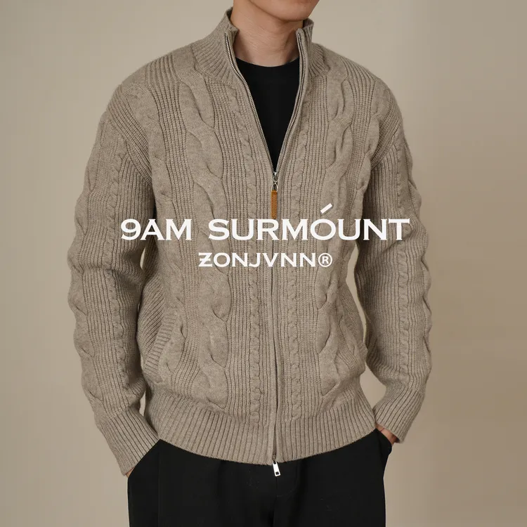 ZONJVNN老钱风复古扭花毛织立领开衫双拉链秋冬保暖外套男百搭