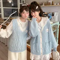 森女部落甜美风可爱猫咪刺绣V领针织马甲女2025新款秋冬叠穿背心