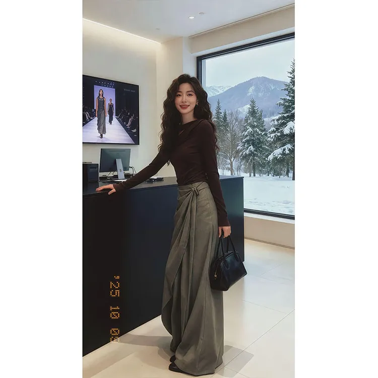 MARIE.COCO设计感不规则西装裤女秋季新款网纱飘带长袖针织衫套装