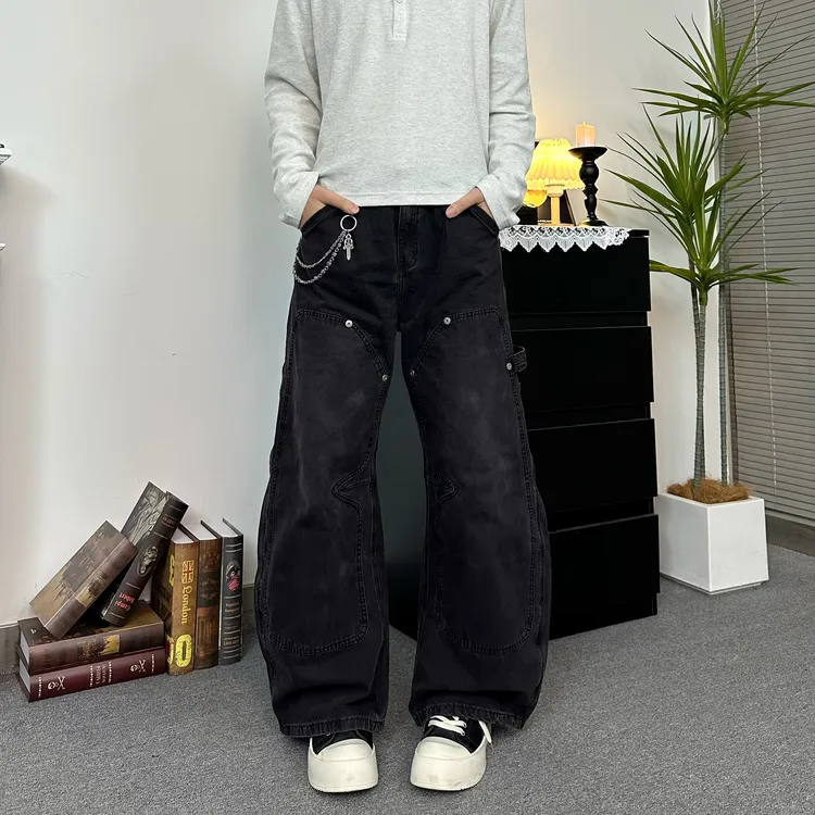 美式复古做旧伐木工装牛仔裤解构拼接宽松廓形休闲弯刀搭长裤男女