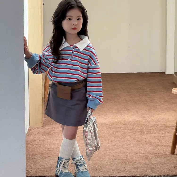 小思家女童2025秋季新款韩版洋气学院风条纹POLO领卫衣包臀裙套装