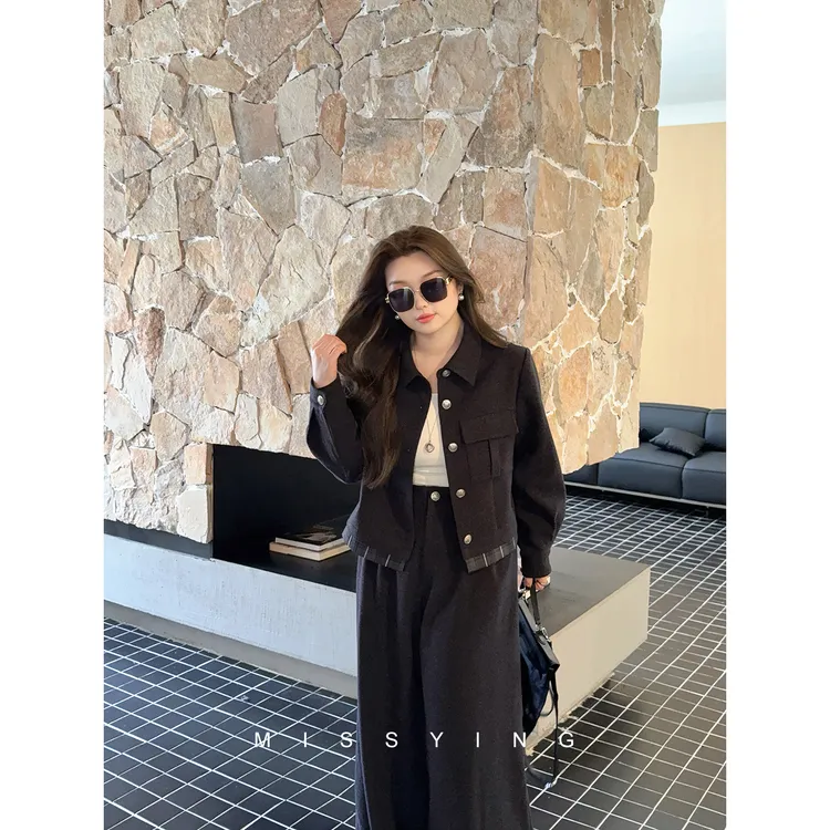 应小姐【杂志社】微胖大码初秋韩版显瘦宽松气质毛呢上衣+长裤套装