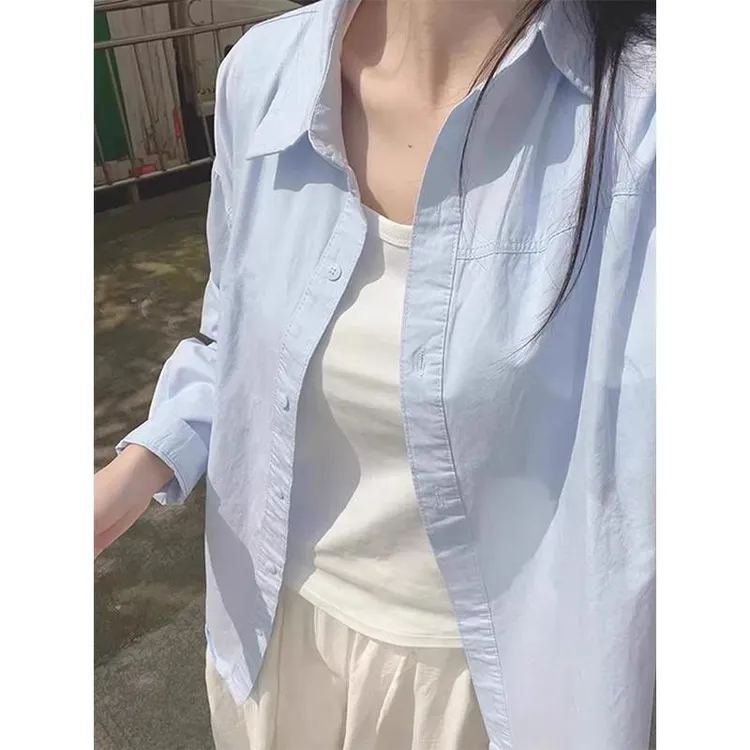 baby奶蓝色防晒衬衫男女夏季韩系穿搭薄款长袖衬衣外套情侣装上衣