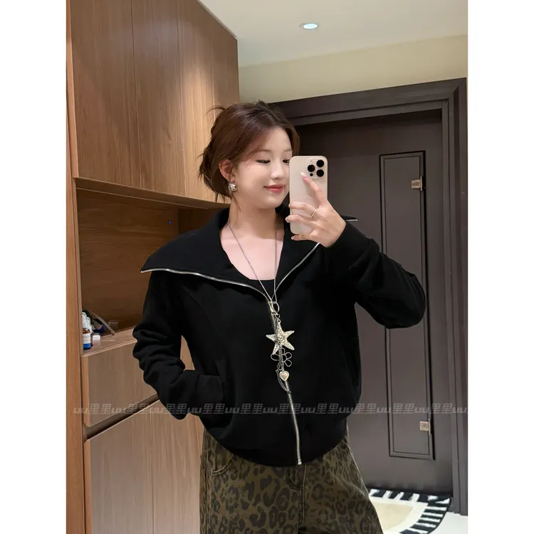 美式复古翻领外套女胖MM新款秋冬季时尚不规则设计感修身显瘦上衣