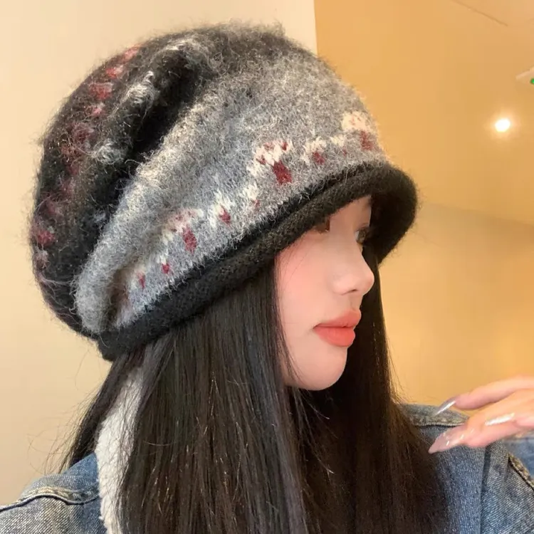 费尔岛风卷边堆堆帽女秋冬复古显脸小冷帽慵懒风防寒保暖包头帽子