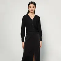 【丽公主】时尚修身针织衫女秋季显瘦V领泡泡袖短款开衫