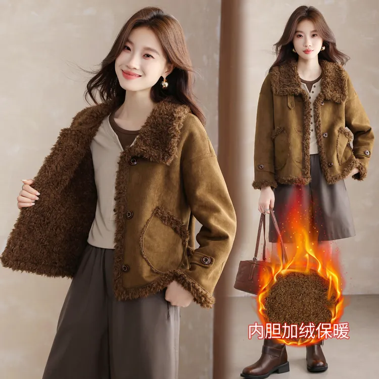 现货现货加绒加厚2025年冬季女装新款时尚显瘦鹿皮绒皮毛一体