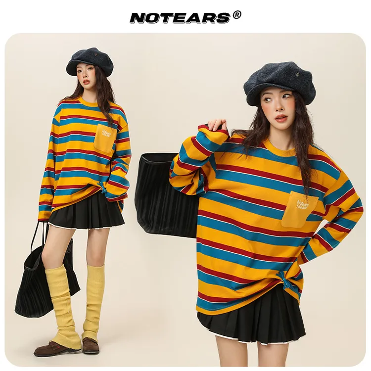 【落日海岸线】设计感撞色条纹日系CityBoy减龄休闲卫衣情侣款2616