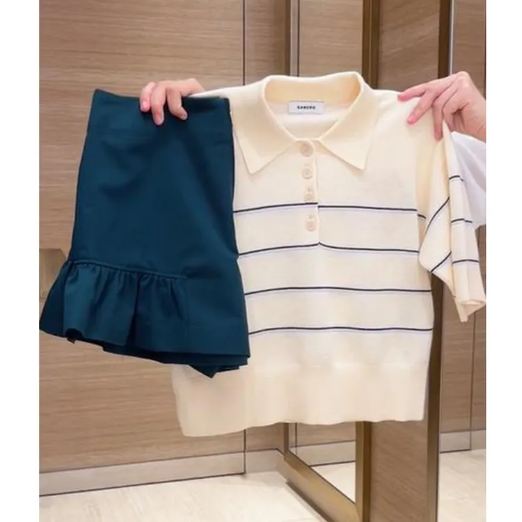 2025夏季洋气减龄条纹短袖荷叶边褶皱高腰显瘦短裙裤套装女两件套
