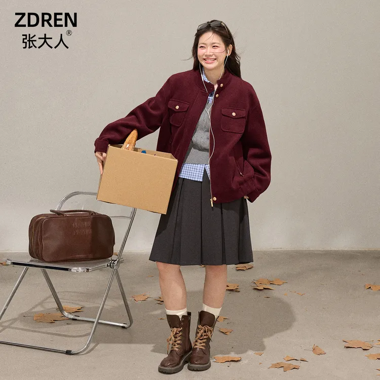 张大人【雾港旅人】大码女装微胖妹妹冬日美式复古红夹克半裙套装