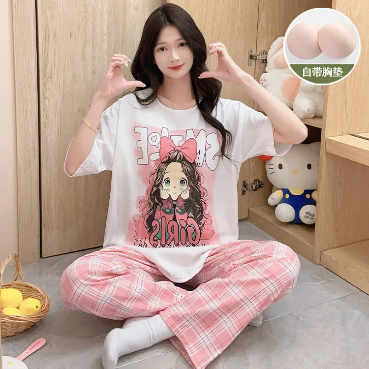 女大学生睡衣夏季新款2025爆款带胸垫卡通短袖长裤外穿家居服套装