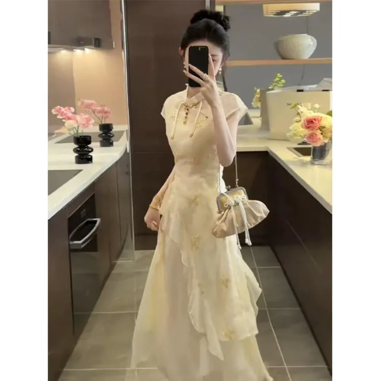 墨雨云间新中式国风连衣裙女夏季气质吊带长裙刺绣重工罩衫套装裙