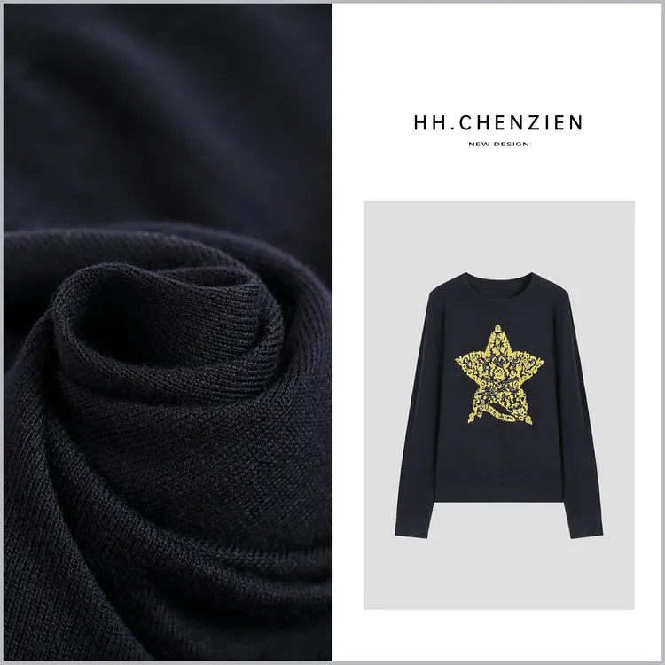 【黑黑家】秋季新款女士圆领五角星百搭针织衫上衣