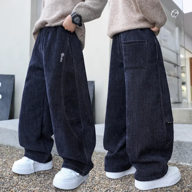 男童加绒裤子儿童牛仔裤冬季新款中大童长裤休闲冬天男孩软深蓝色