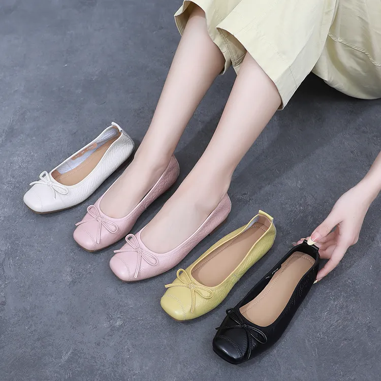 【平底】真皮羊皮时尚气质方头浅口单鞋夏季洋气女鞋蝴蝶结0228