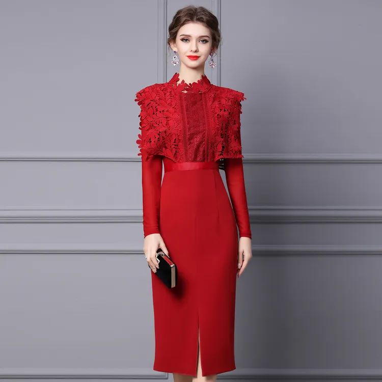 枝荔红色宴会连衣裙秋季2025气质漂亮水溶蕾丝长袖打底红色长裙子