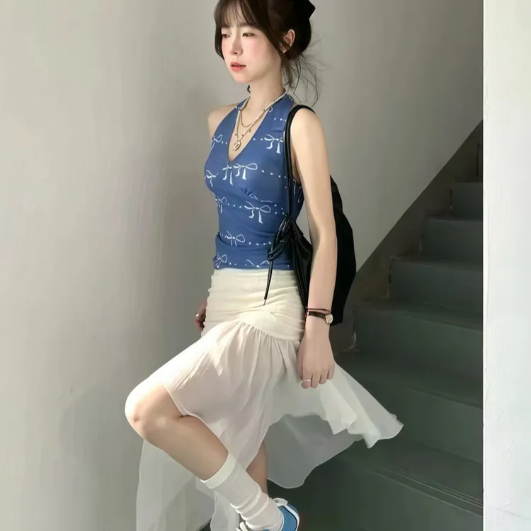 搭配一整套女2025夏季新款韩系穿搭印花坎肩挂脖上衣半身裙两件套