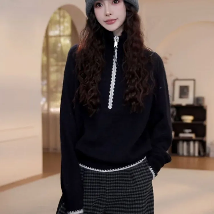 韩系高领半拉链针织衫女2025冬季新款慵懒风时尚洋气漂亮百搭上衣