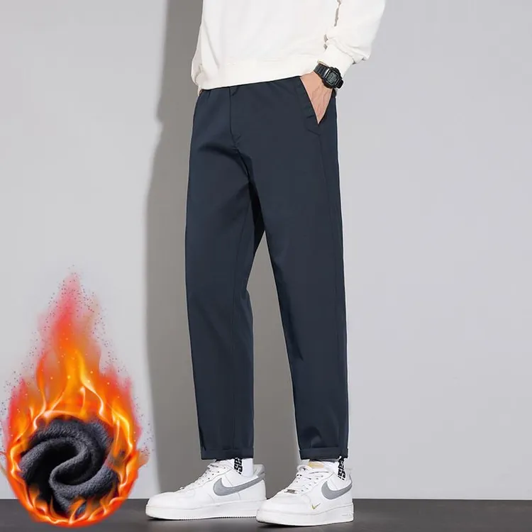 2025秋冬季新款厚款九分休闲裤男士修身直筒简约潮牌弹力加绒加厚