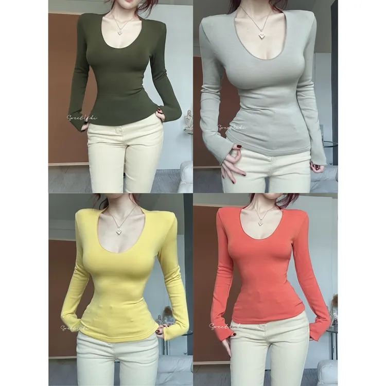 SweetKiki 显瘦显身材一绝!百搭v领性感上衣加绒长袖打底衫纯色T