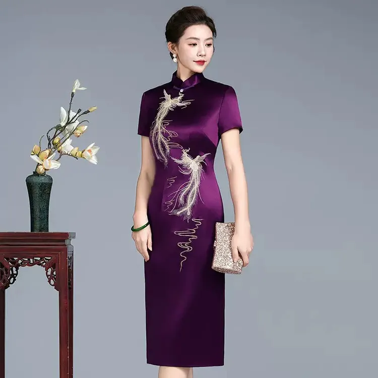 【紫色苏绣集合】进口三醋酸苏绣旗袍喜妈妈婚宴礼服裙气质高贵L