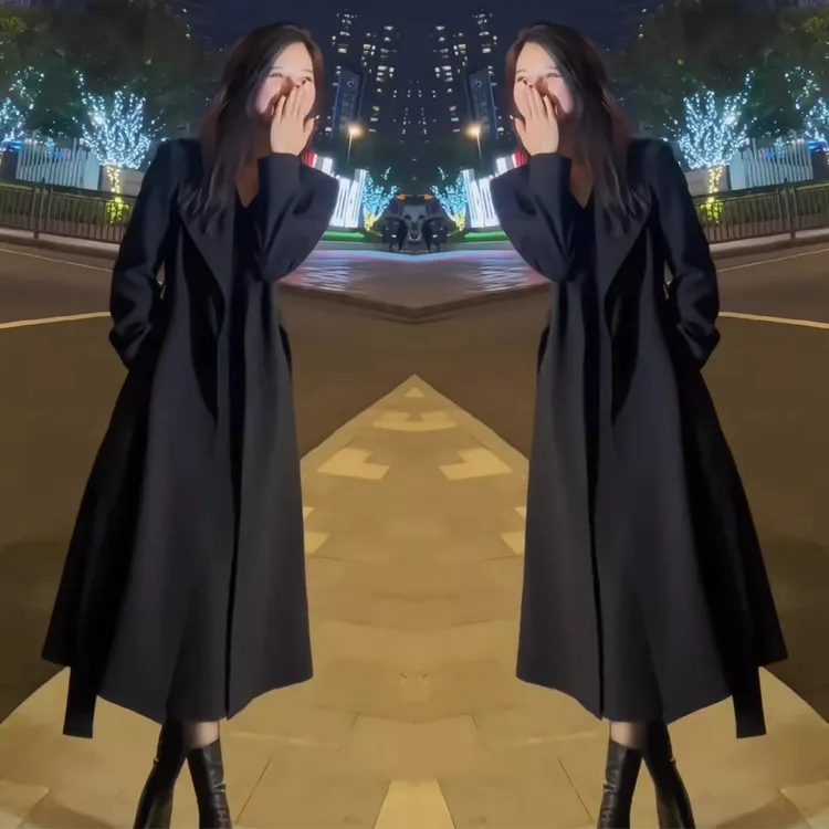 大码网红简约时髦女神范炸街爆款秋季过膝长款系带翻领风衣外套潮