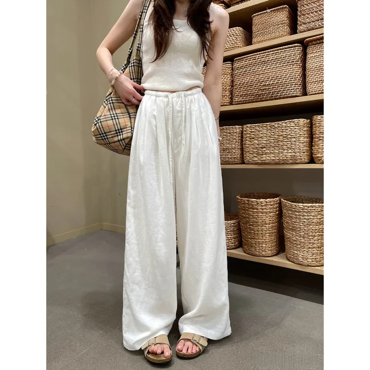 白色高腰棉麻阔腿裤女夏季2025年新款大码宽松显瘦直筒亚麻拖地裤