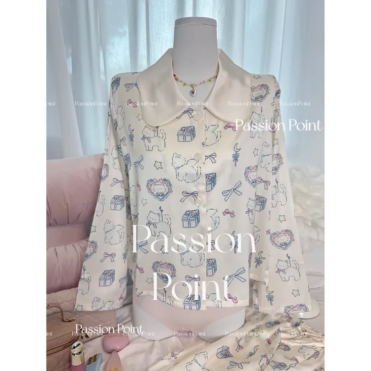 PassionPoint波浪翻领娃娃领礼物蝴蝶结猫咪奶白长袖睡衣