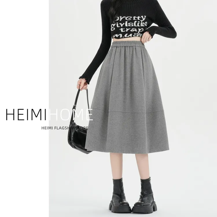 复古浅灰色毛呢半身裙女秋冬季中长款a字蓬蓬裙小个子加厚花苞裙