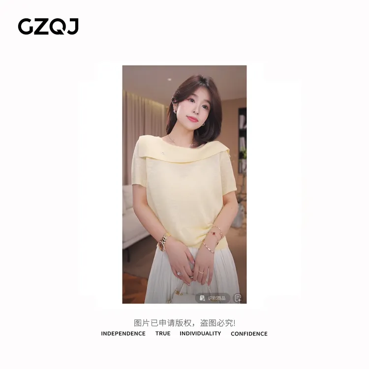 老琴私服【焦糖布丁颂】欧若风气质时尚一字领短袖针织上衣女79510