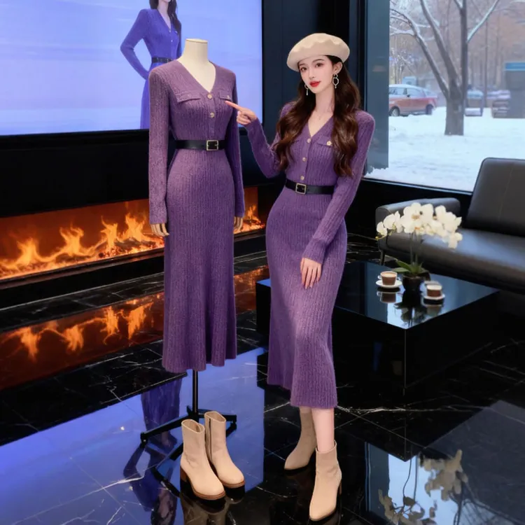 韩国秋冬时尚气质针织连衣裙御姐风超好看紫色V领收腰修身包臀裙